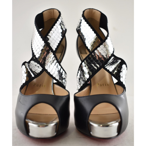 Christian Louboutin Xiletta 120 Black Silver Peep Platform Sandal Heel Pump 35.5 - Picture 8 of 16